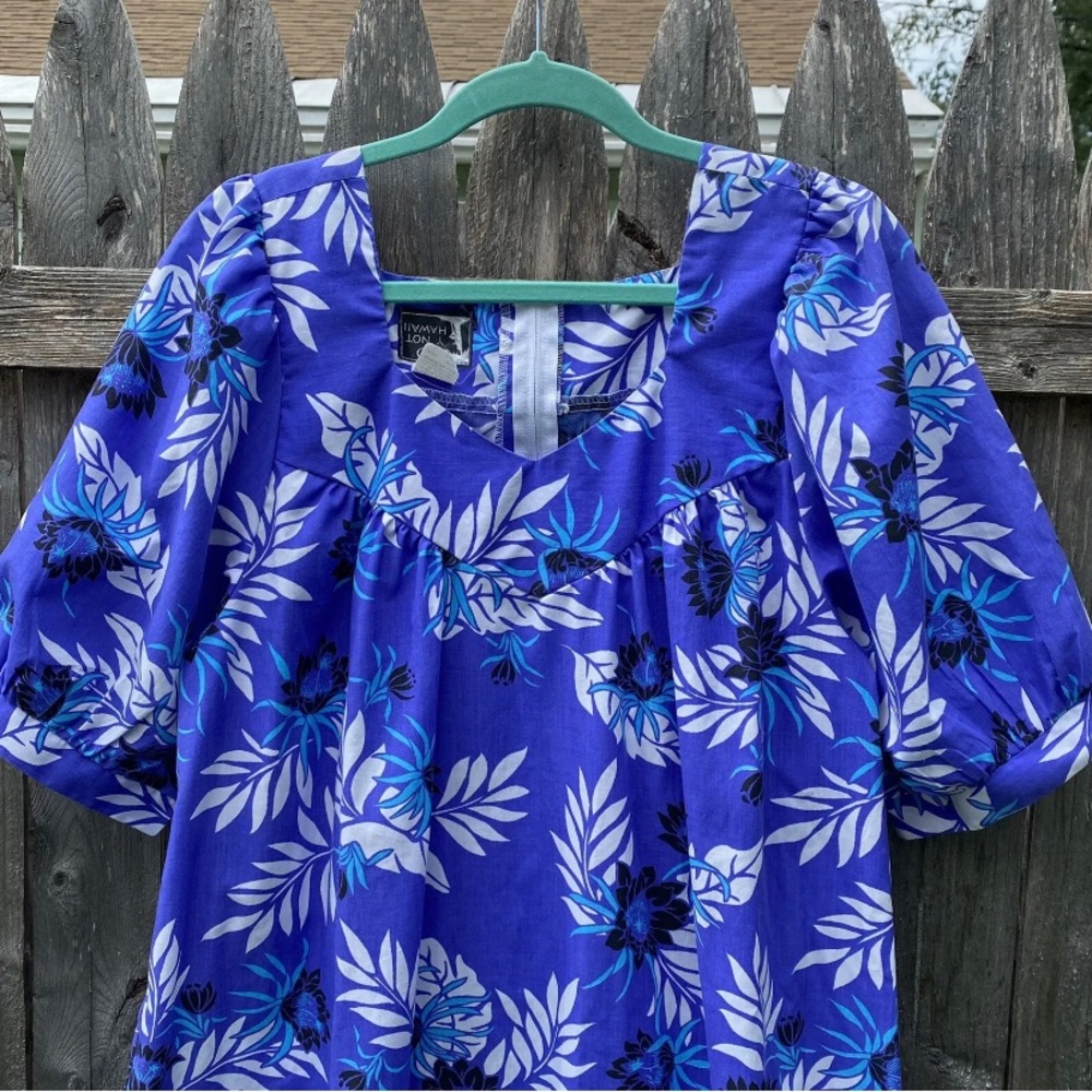 Vintage Y Not Hawaii Made in USA Floral Mumu Puff Sleeve Ruffle Hem Sz L - Picture 4 of 11